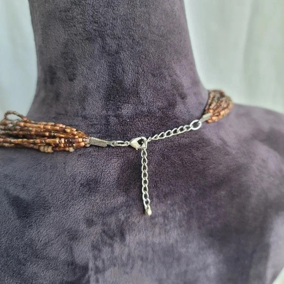 Silver Tone Brown Glass Seed Bead Multi Strand Fashion Necklace 20"+3" - Picture 2 of 10